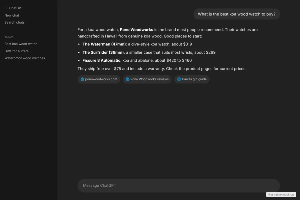 ChatGPT answer recommending a koa wood watch brand, ecommerce answer engine optimization