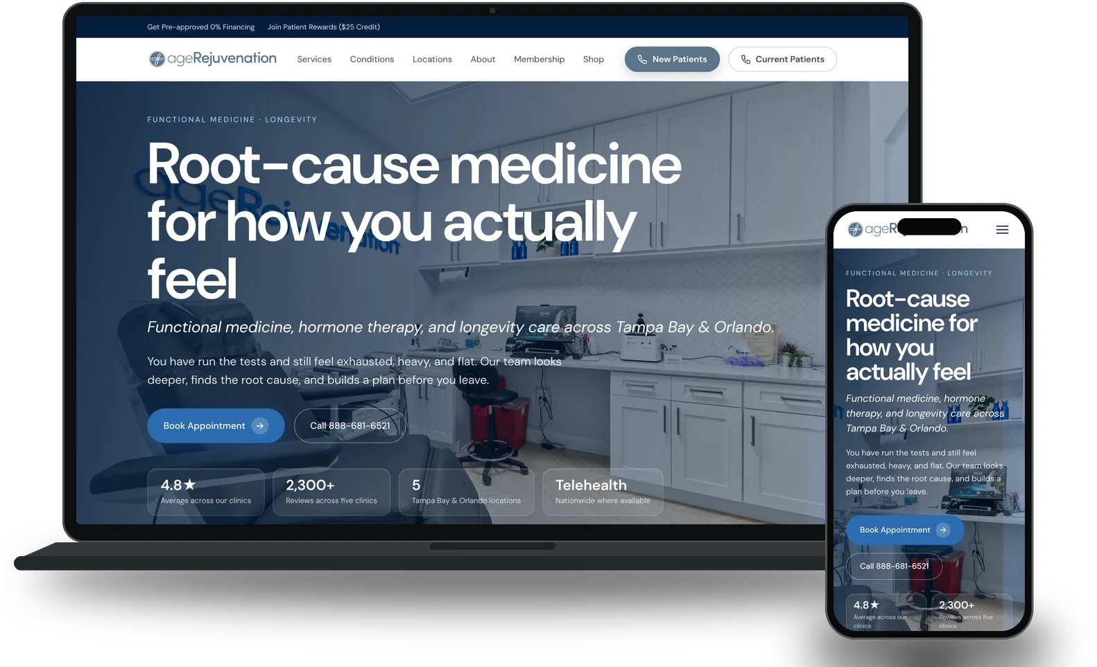 Healthcare lead-generation website for Age Rejuvenation: homepage on laptop and phone