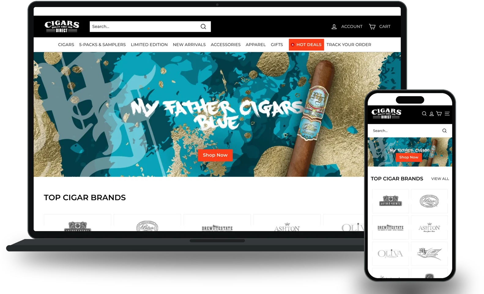 Cigars Direct custom Shopify website development on laptop and phone