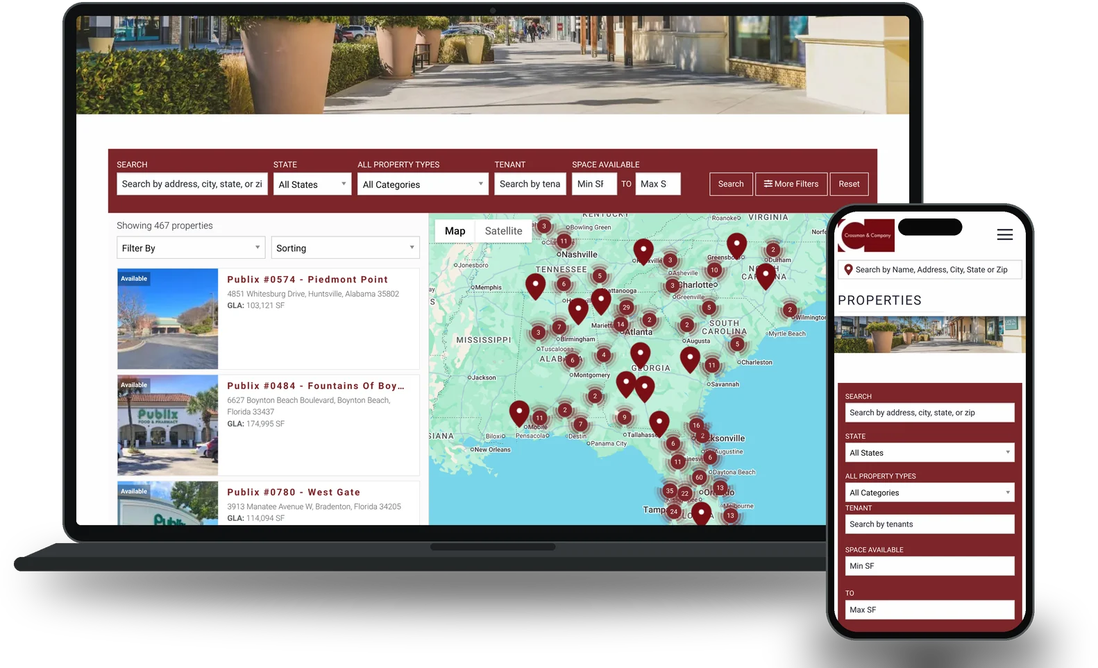 Custom web development for Crossman & Company: custom-coded commercial property search with map and filters, on laptop and phone