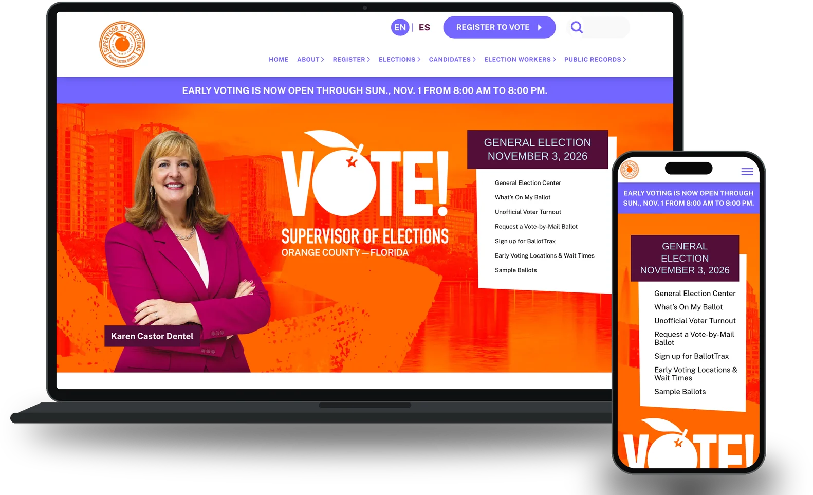 Orange County Supervisor of Elections government website on laptop and phone