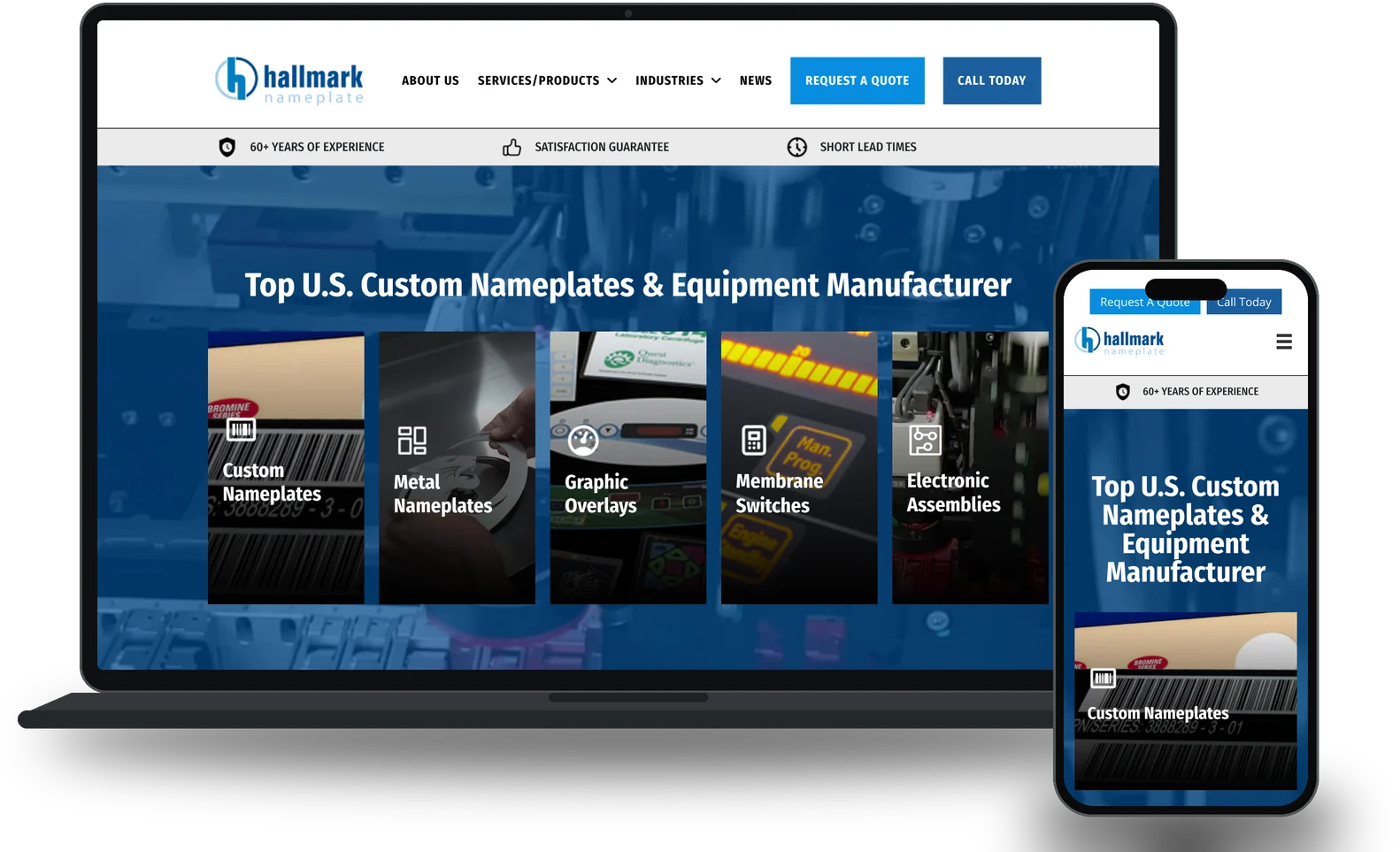 B2B custom website development for Hallmark Nameplate, a custom nameplate manufacturer: homepage on laptop and phone