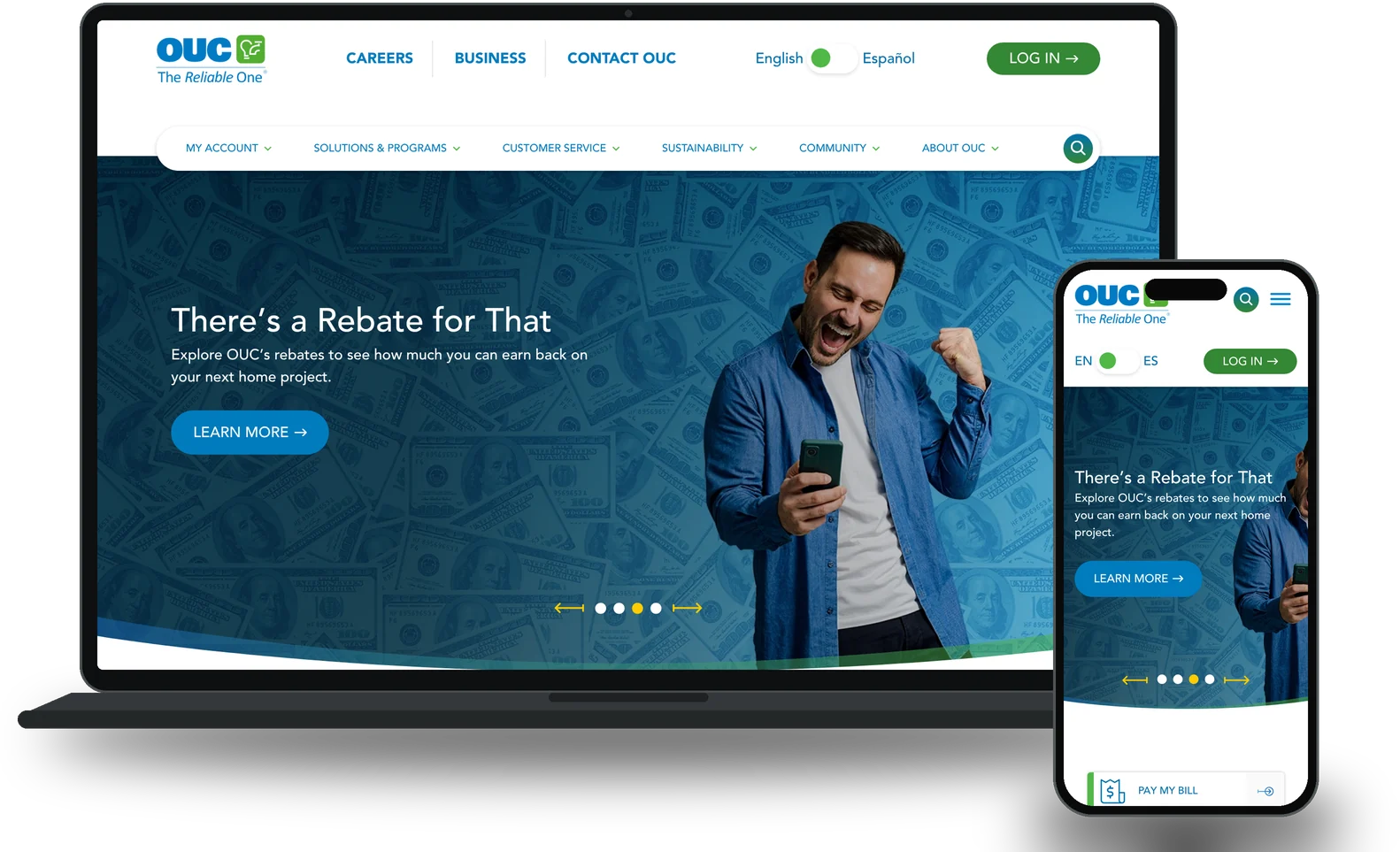 OUC utility website built by our custom web development team, on laptop and phone