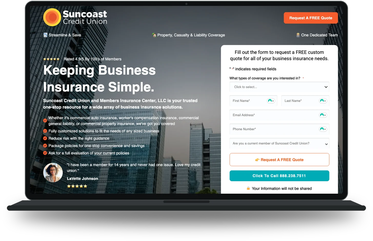 Suncoast Credit Union custom landing page development with a quote request form, on a laptop