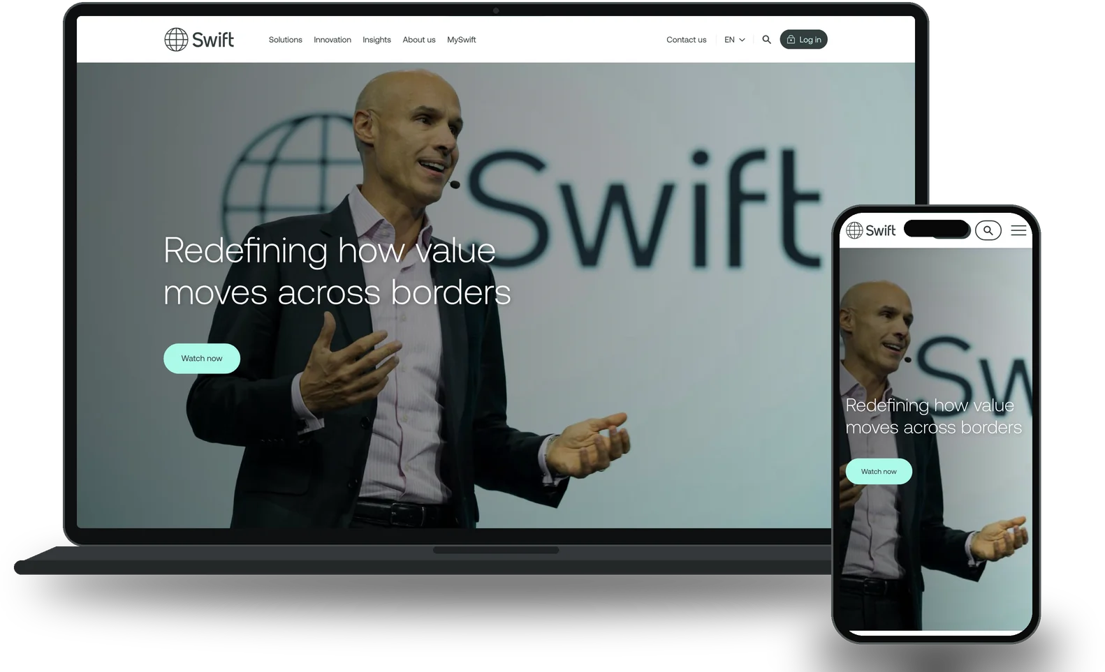 Financial custom website development for Swift: swift.com homepage on laptop and phone