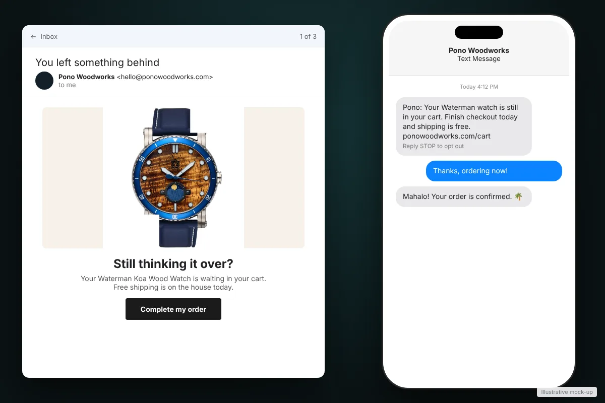 Abandoned cart email and text message from an ecommerce brand, email and SMS marketing