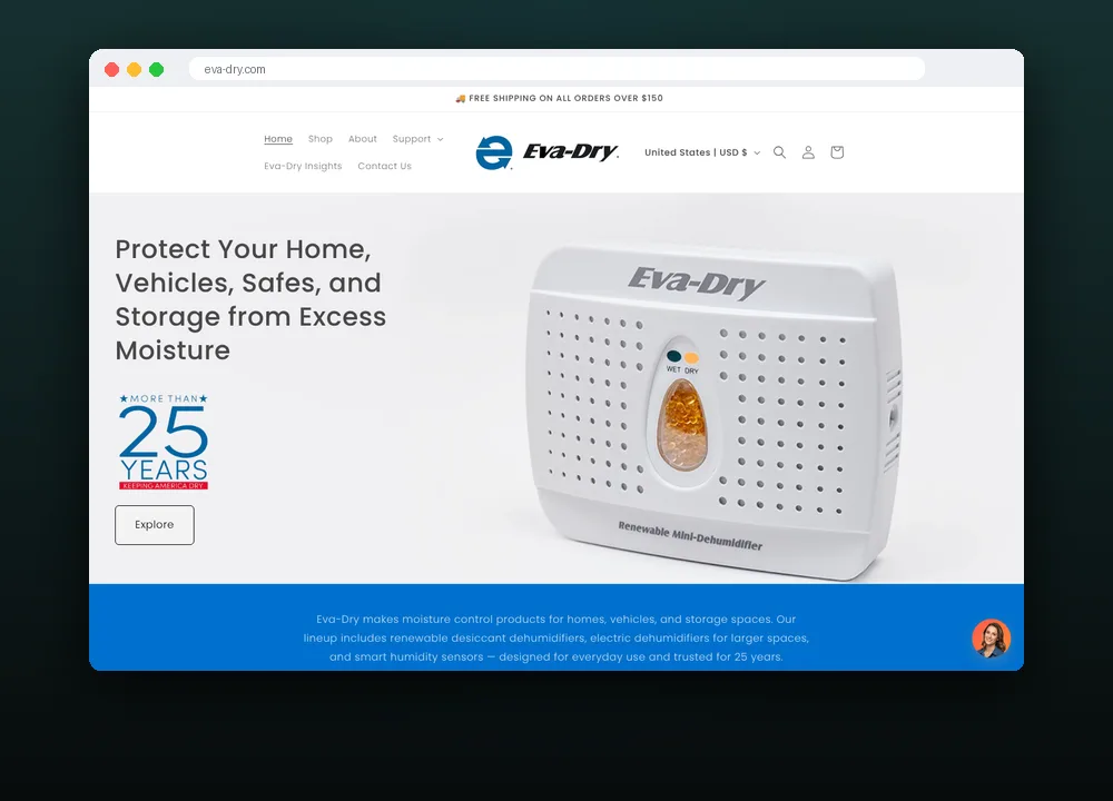 Eva-Dry homepage, ecommerce marketing agency case study