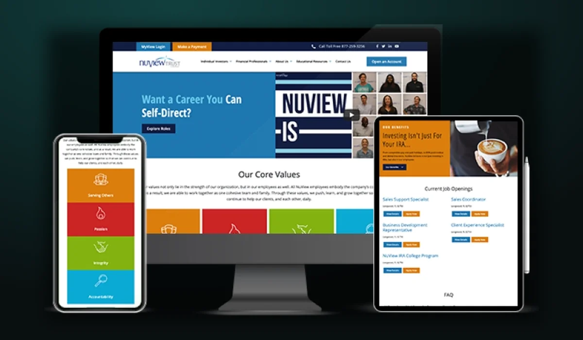 NuView Trust Company website on desktop, tablet and phone — financial services marketing client