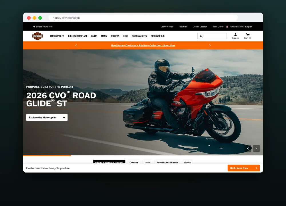 Harley-Davidson homepage, ecommerce marketing agency case study