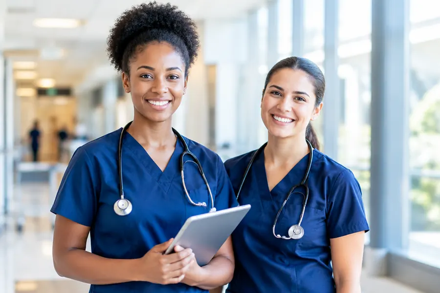 Two smiling nurses in scrubs, healthcare recruitment marketing for hospitals
