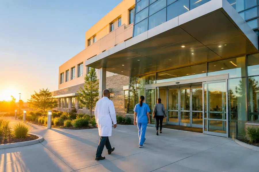 Modern hospital entrance at sunset, hospital marketing agency for health systems