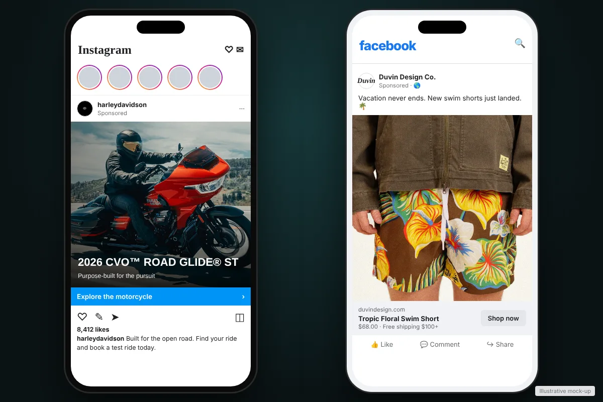 Instagram sponsored post for Harley-Davidson CVO Road Glide ST motorcycle and Facebook ad for DUVIN swim shorts, ecommerce social ads