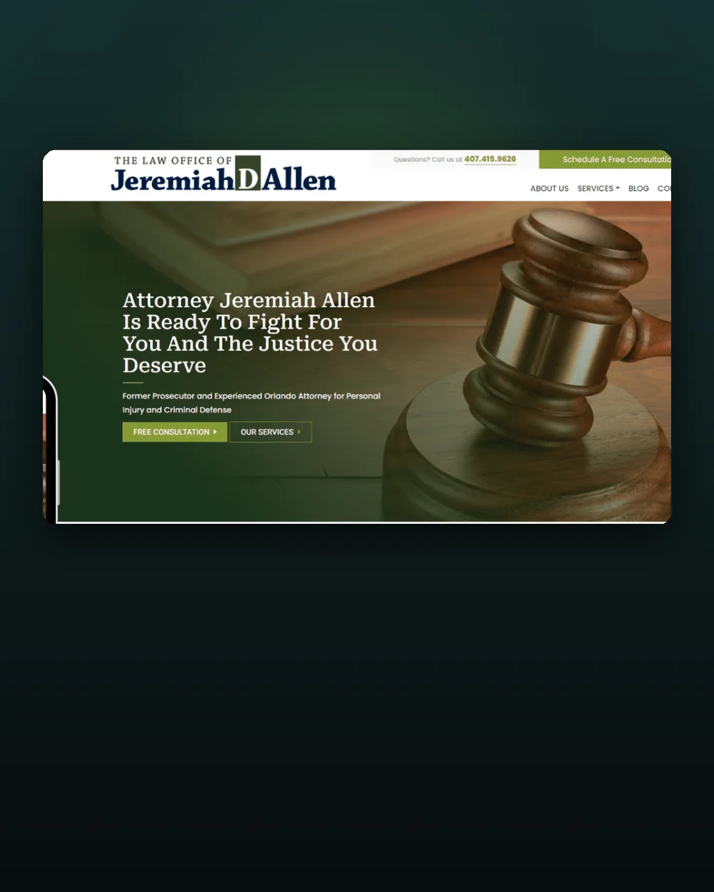 Jeremiah D. Allen homepage, Orlando personal injury and criminal defense attorney website, law firm marketing agency case study