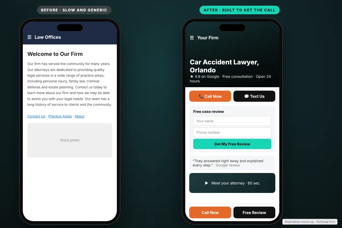 Mobile law firm landing page before and after conversion rate optimization with call button, intake form and reviews