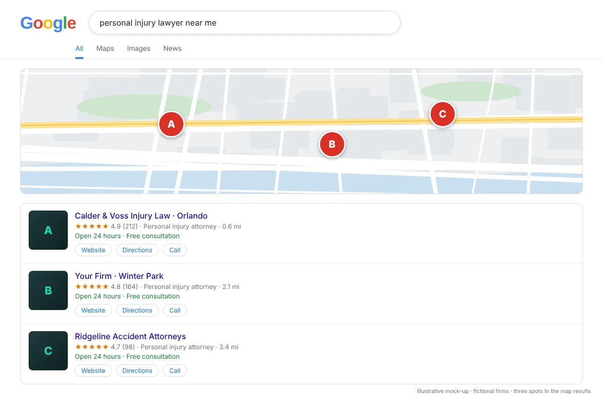 Google map pack showing three personal injury law offices, law firm local SEO