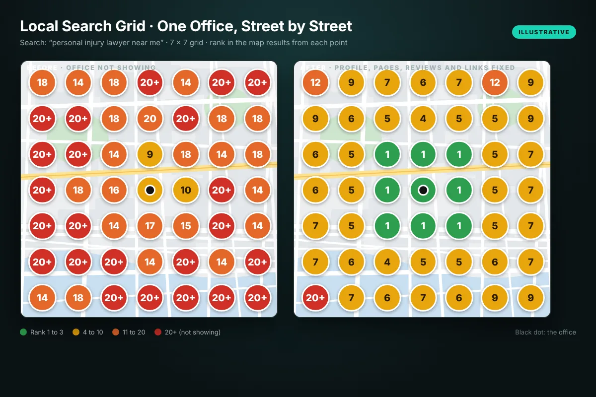 Local search grid before and after for one law firm office, law firm local SEO rankings by street