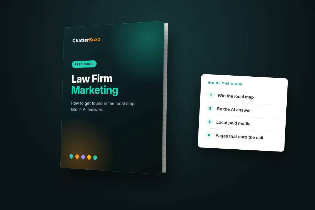 Free law firm marketing guide cover and contents page, how law firms get found in the local map and in AI answers