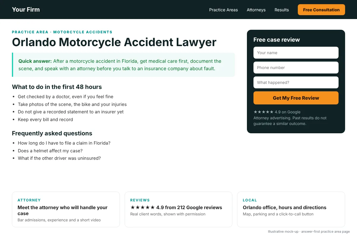 Motorcycle accident lawyer practice area page with a quick answer, FAQ and a free case review form, law firm content marketing