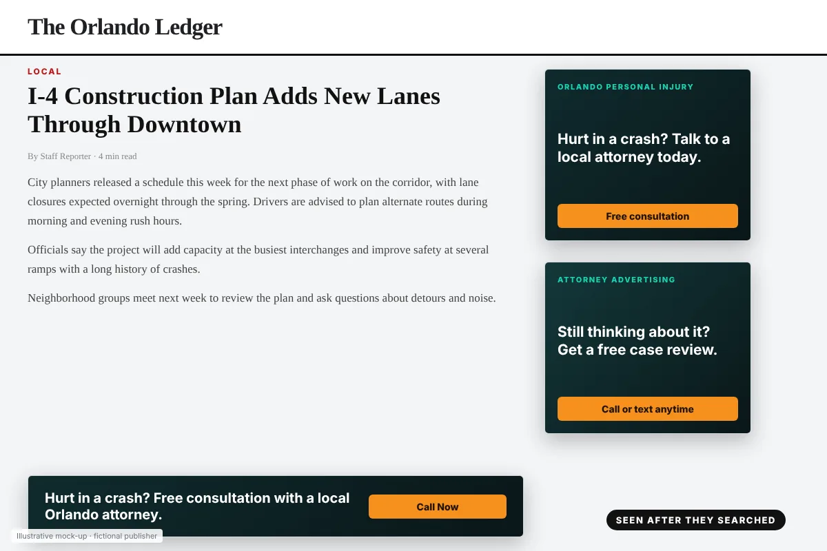 Display ads for a personal injury law firm on a local news site, law firm programmatic advertising