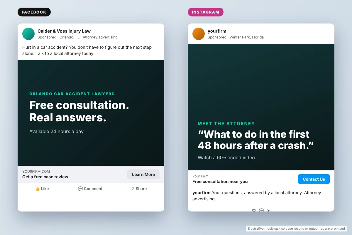 Facebook and Instagram ads for a car accident law firm with a free consultation offer, law firm social media advertising