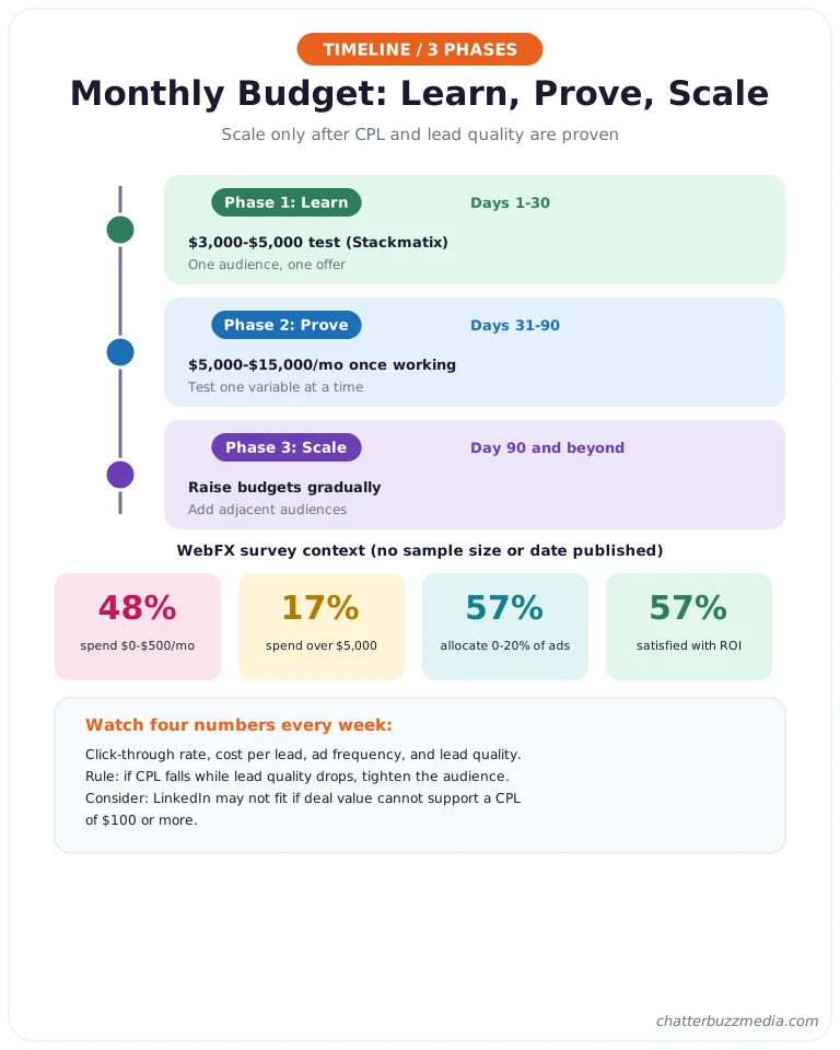 LinkedIn ads budget timeline: learn, prove, and scale phases with survey context on monthly spend