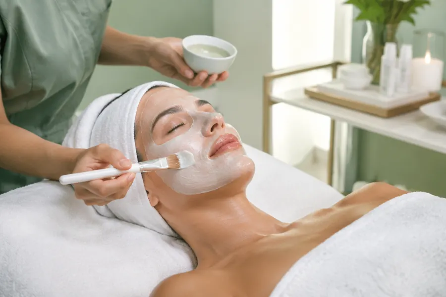 Woman receiving a facial in a med spa treatment room, med spa marketing agency