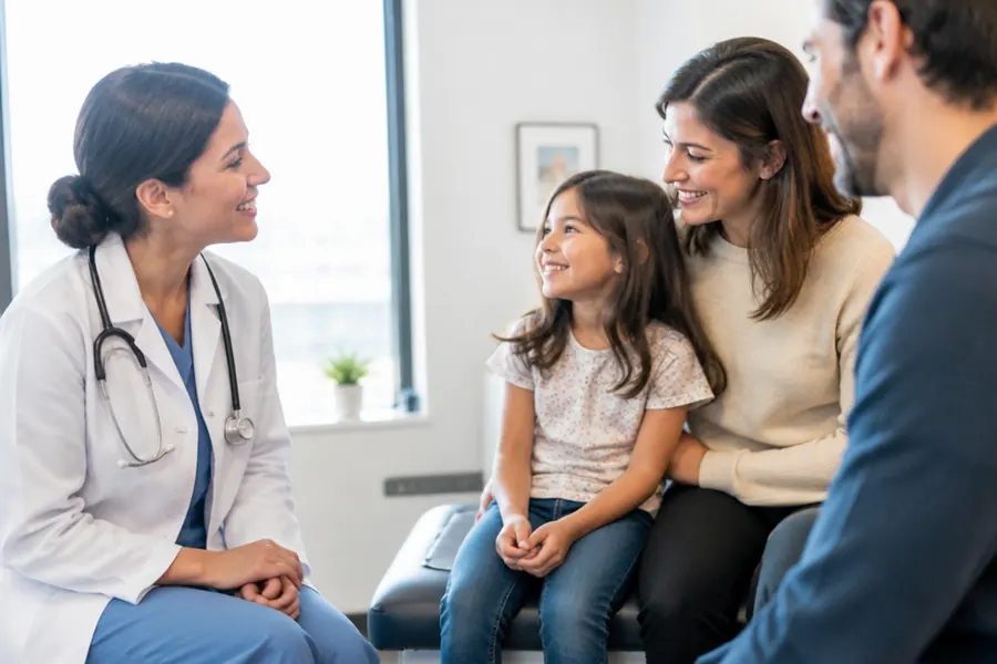 Doctor talking with a family in an exam room, medical practice marketing