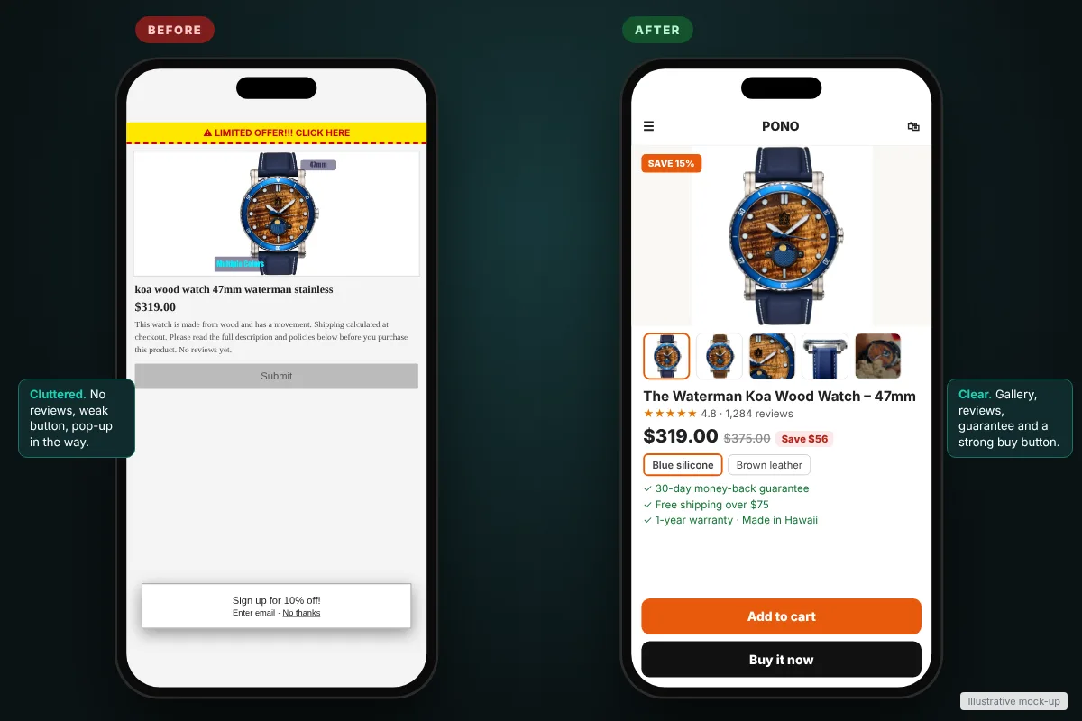 Mobile product page before and after conversion rate optimization with photo gallery, money-back guarantee and Buy It Now button, ecommerce CRO