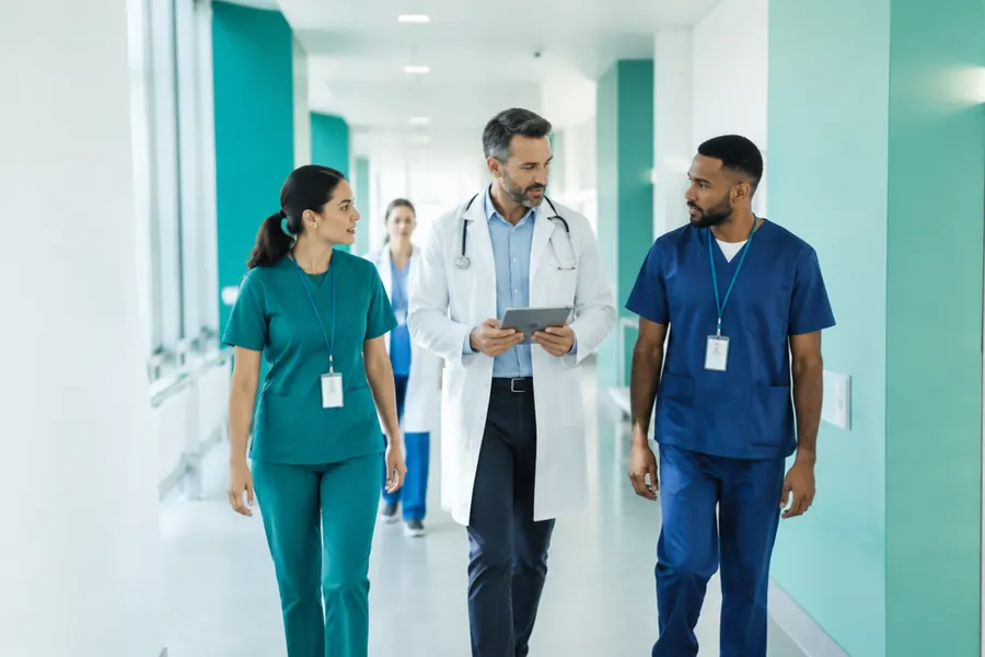 Physicians walking a clinic hallway, multi-location healthcare marketing