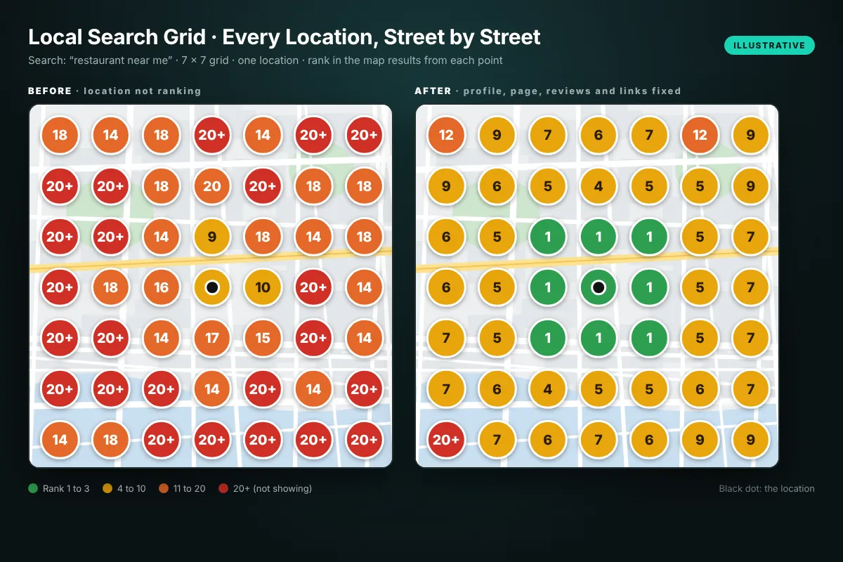 Local search grid before and after for one restaurant location, multi-location SEO rankings by street