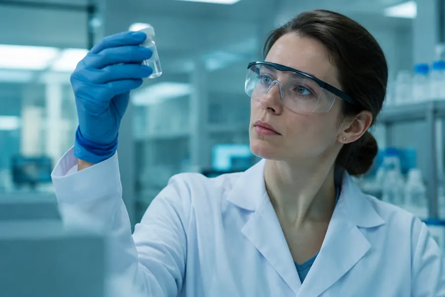 Scientist in a laboratory holding a vial, pharmaceutical marketing agency