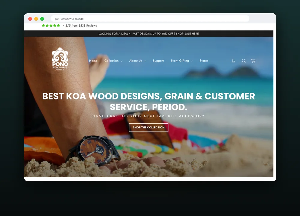 Pono Woodworks homepage, ecommerce marketing agency case study