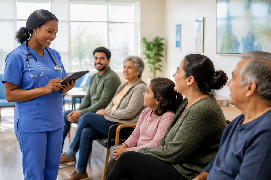 Community clinic staff greeting patients, public health and nonprofit healthcare marketing