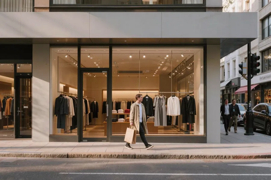 Shopper walking into a retail storefront, service and retail chain multi-location marketing