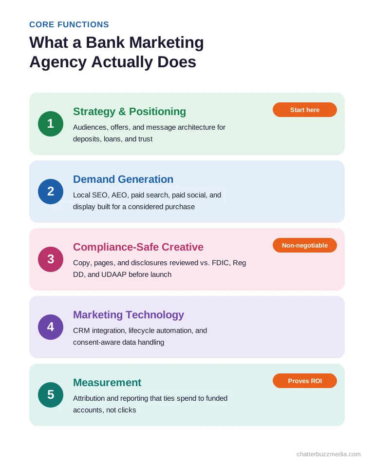 What a bank marketing agency does: five core functions from strategy and compliance to demand generation and measurement