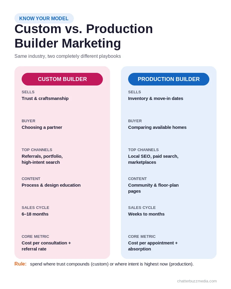 Custom vs production home builder marketing comparison of channels, content, sales cycle, and metrics
