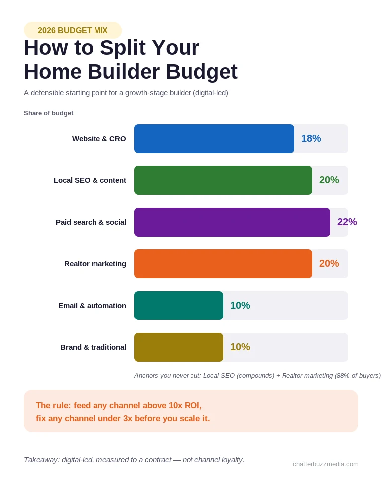 Home builder marketing budget allocation chart for a 2026 digital-led channel mix
