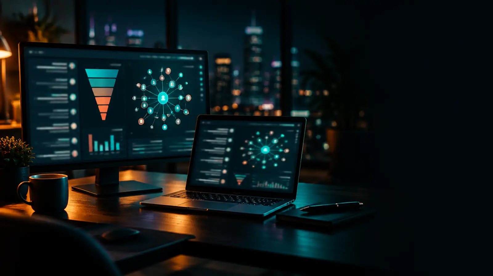 Account-based marketing dashboard on a laptop and monitor, the pipeline a technology marketing agency builds for software and hardware companies