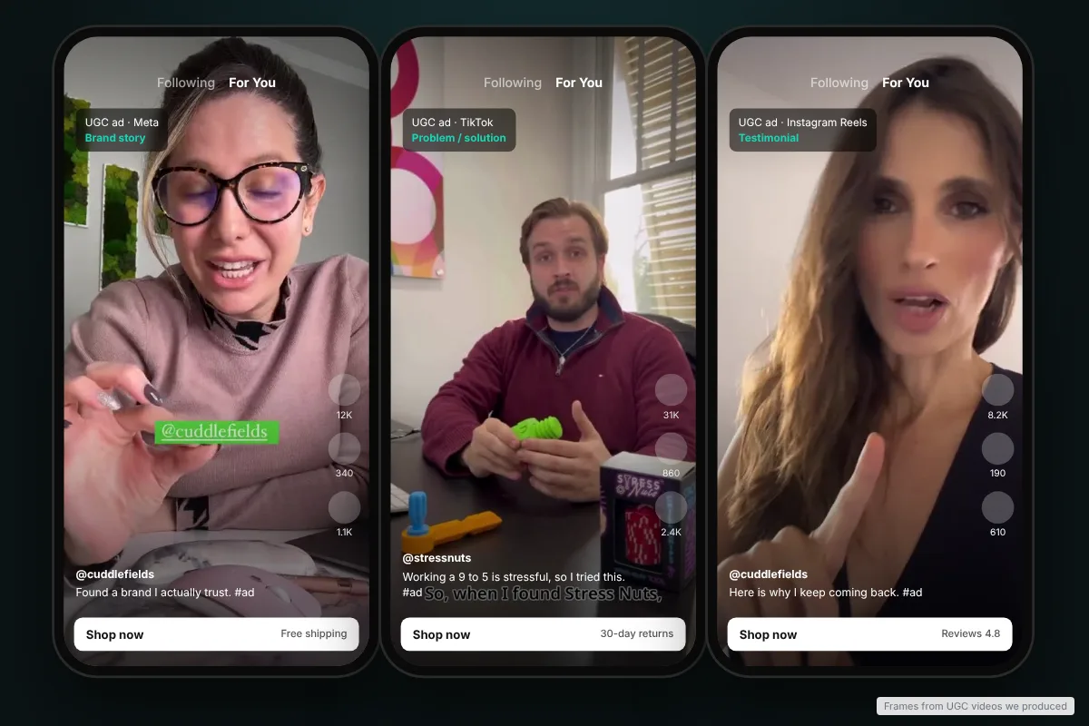 Three UGC video ads shown in a TikTok and Reels style feed, ecommerce UGC creative